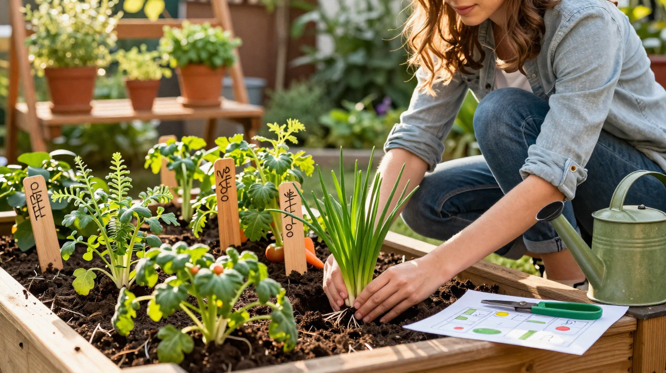 Person planting green onion in raised garden bed with labelled plants and watering can nearby.