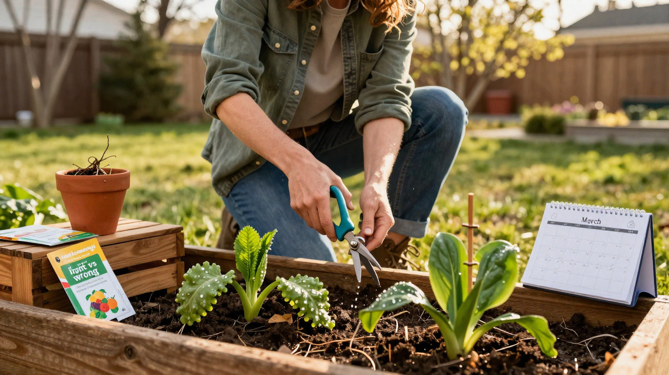 Person using garden scissors to trim young plants in a wooden raised bed on a sunny day in spring.