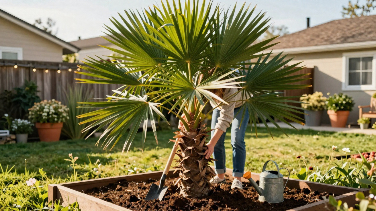 Person planting a young palm tree in a raised garden bed with gardening tools nearby.