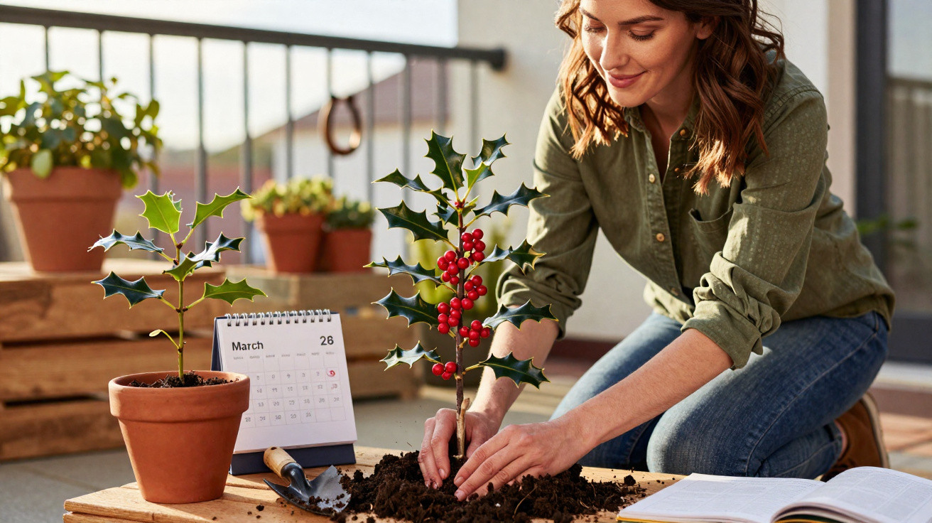 Woman planting a holly sapling with red berries on a balcony, with a calendar showing March 26 nearby.