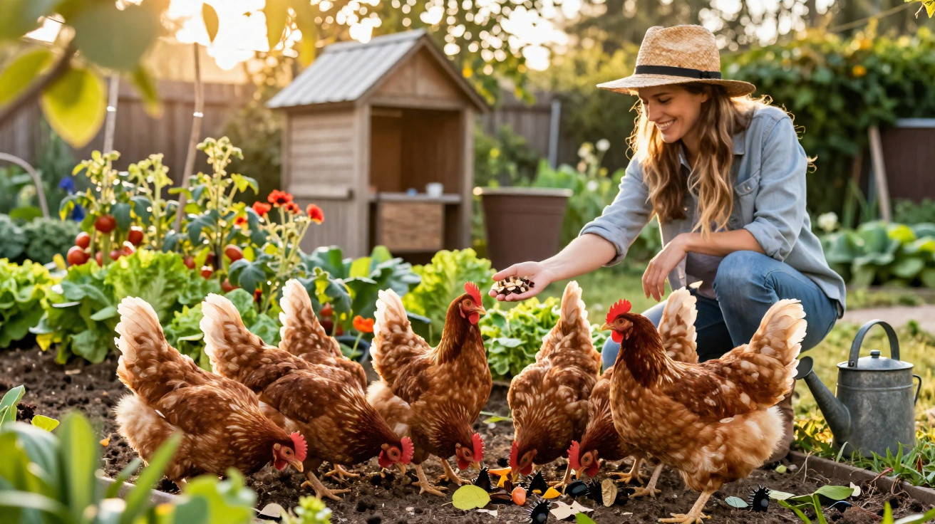 Woman in a straw hat feeding a group of brown chickens in a garden with plants and a wooden coop in the background.