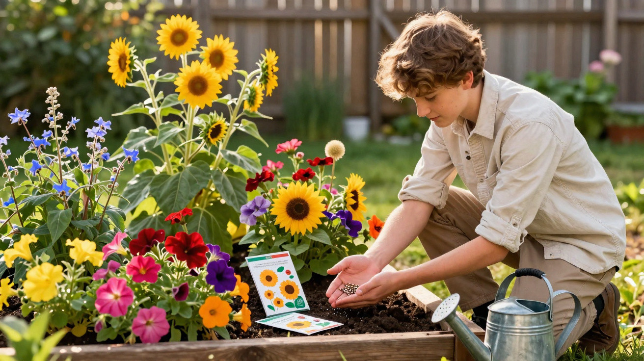 Young person planting sunflower seeds in a vibrant garden bed with a watering can nearby.