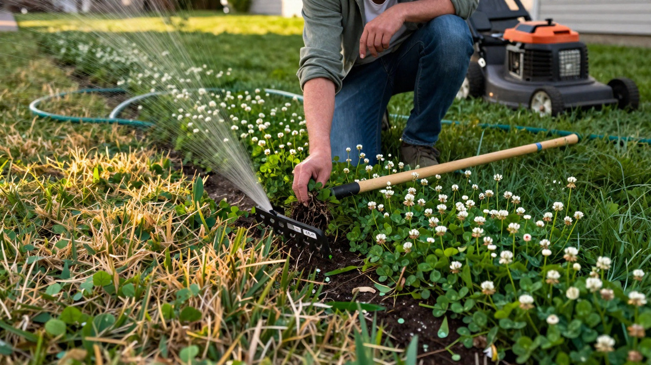 Person using a garden rake to clear weeds next to a lawn sprinkler watering white clover flowers and grass.