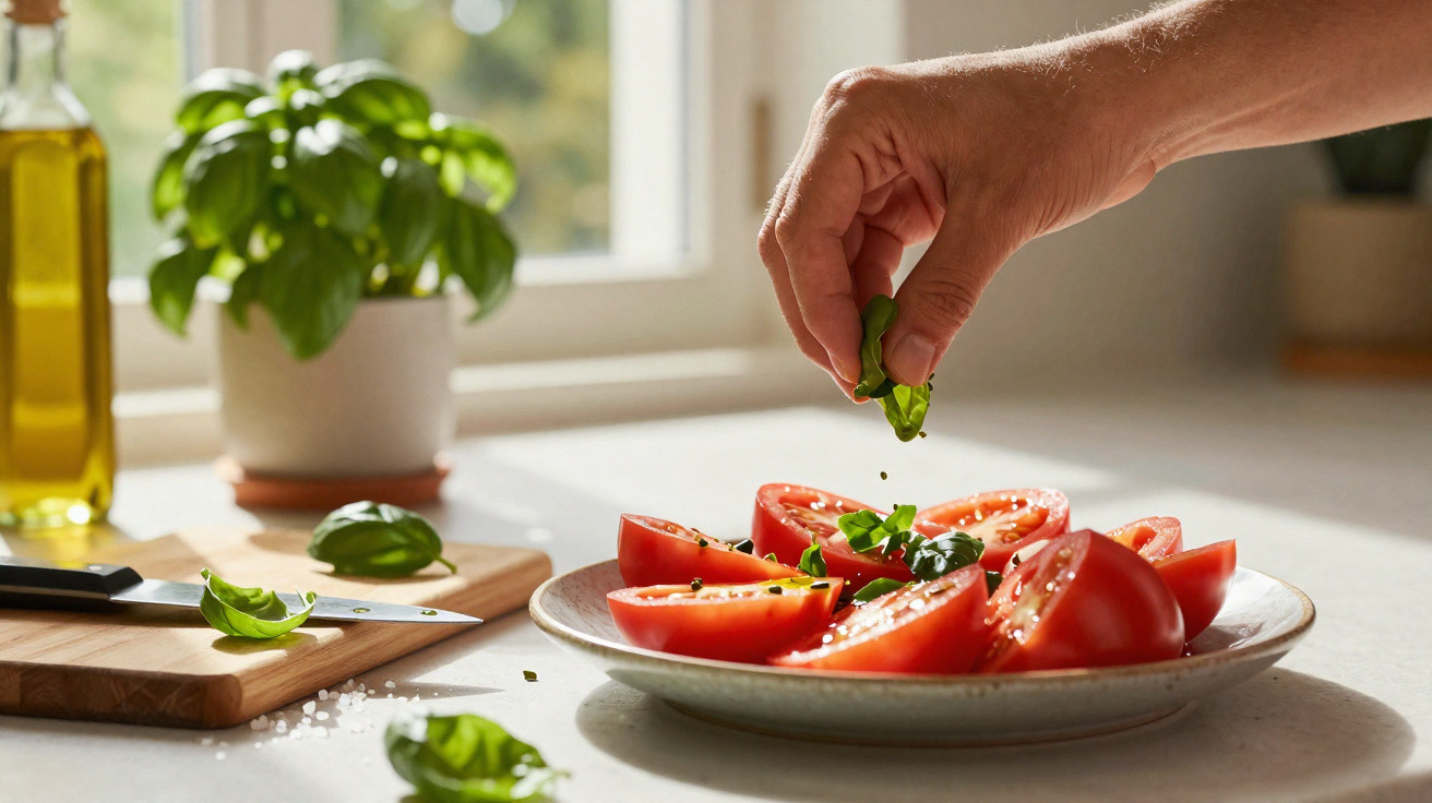 Hand sprinkling fresh basil leaves over sliced tomatoes on a plate in a sunlit kitchen.