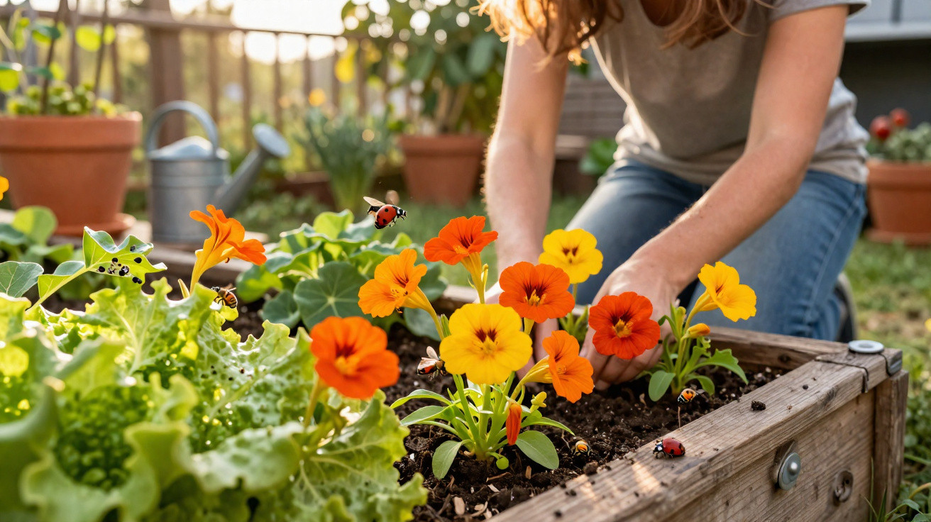 Person gardening bright orange and yellow flowers in a raised wooden bed with ladybirds on the plants.