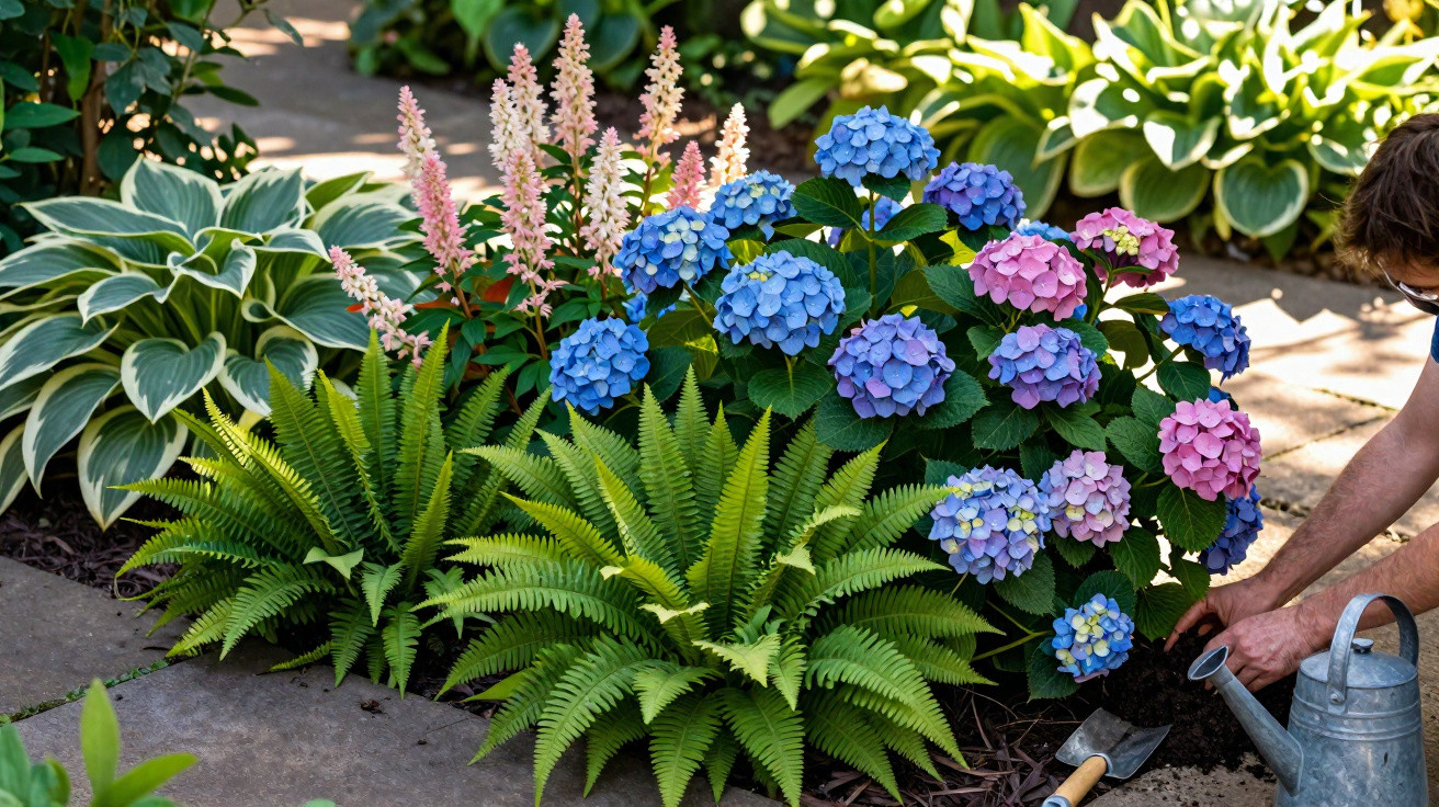 Colourful hydrangeas and ferns in a garden with a person planting and gardening tools nearby.