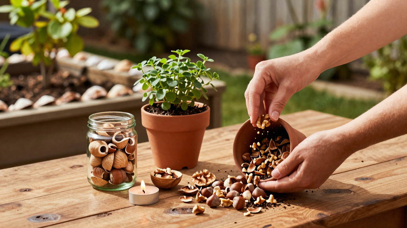 Hands cracking nuts into a bowl with a potted plant, jar of nuts, and lit candle on a wooden table outside.
