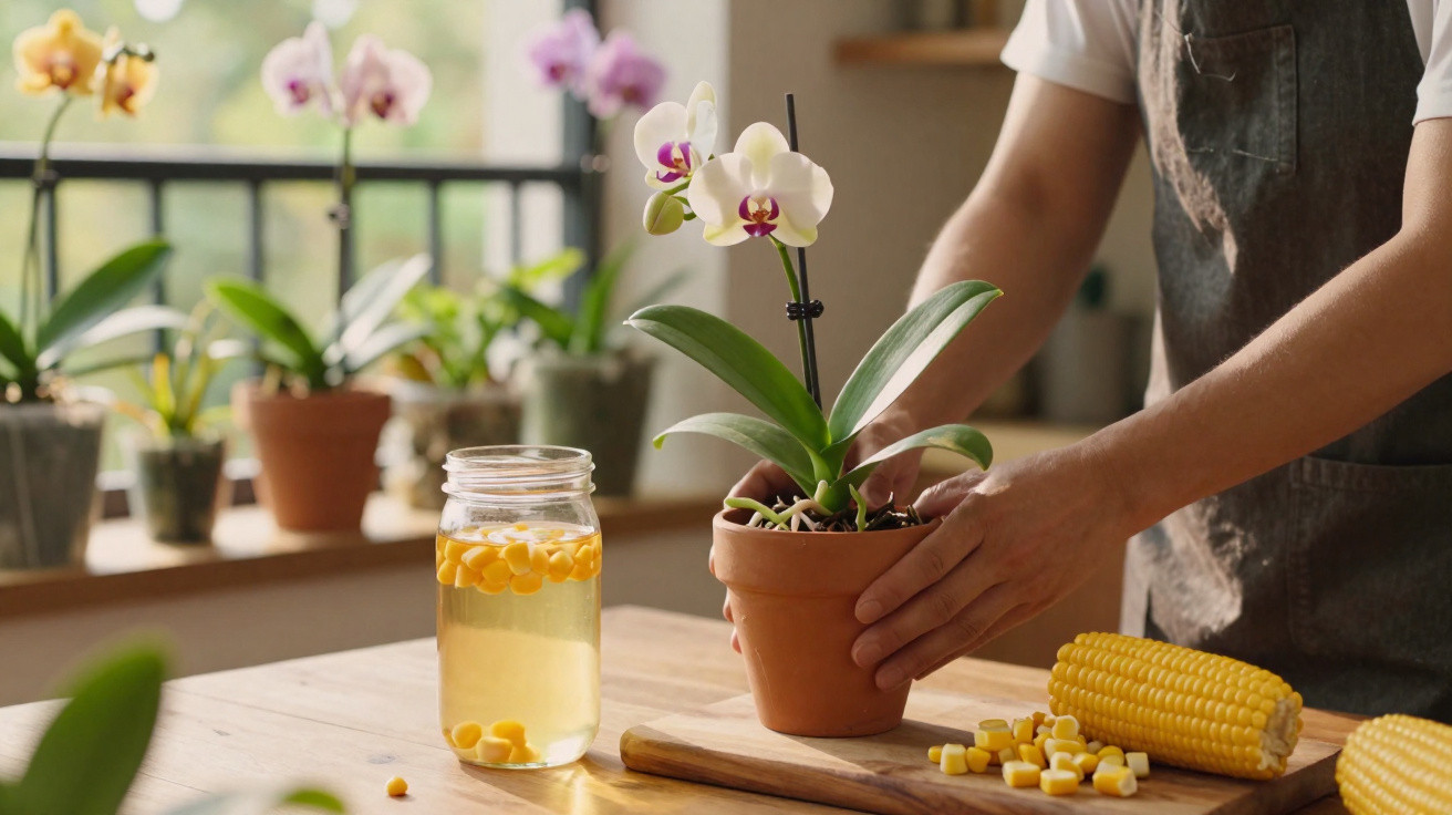 Person repotting a white orchid on a wooden table beside corn and jars in a bright indoor garden.