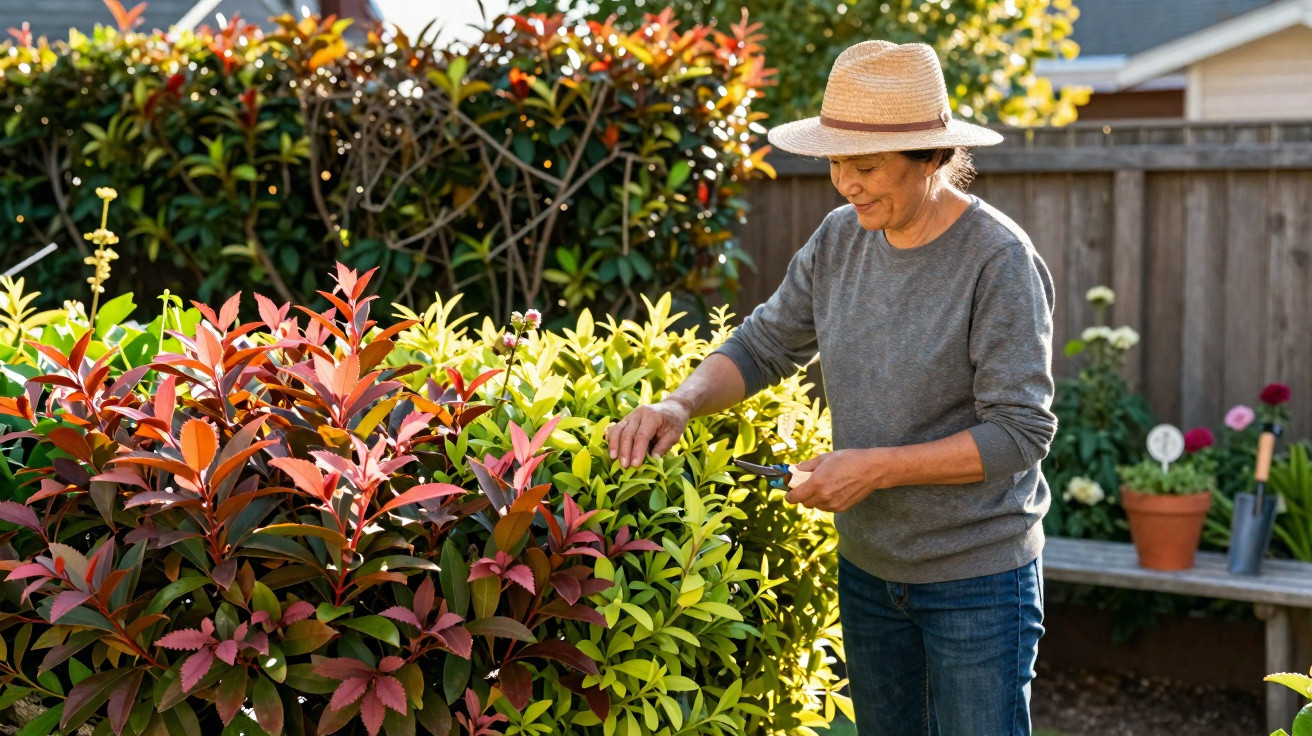 Woman in a hat pruning colourful shrubs in a sunny garden with gardening tools on a bench nearby