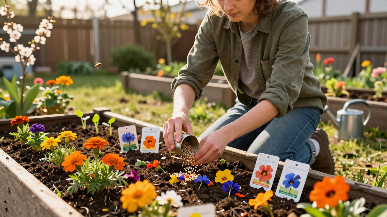 Person sowing seeds in a raised garden bed surrounded by colourful flowering plants on a sunny day.
