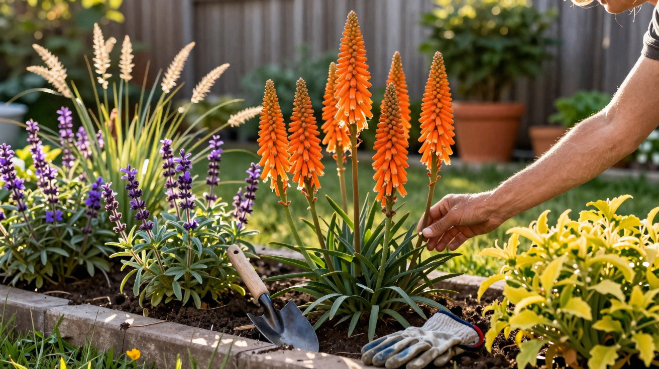 Hand tending vibrant orange torch lilies in a sunlit garden bed with gardening tools nearby.