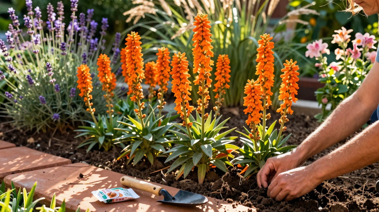 Person planting in a garden bed with orange aloe flowers and gardening tools on a brick path.