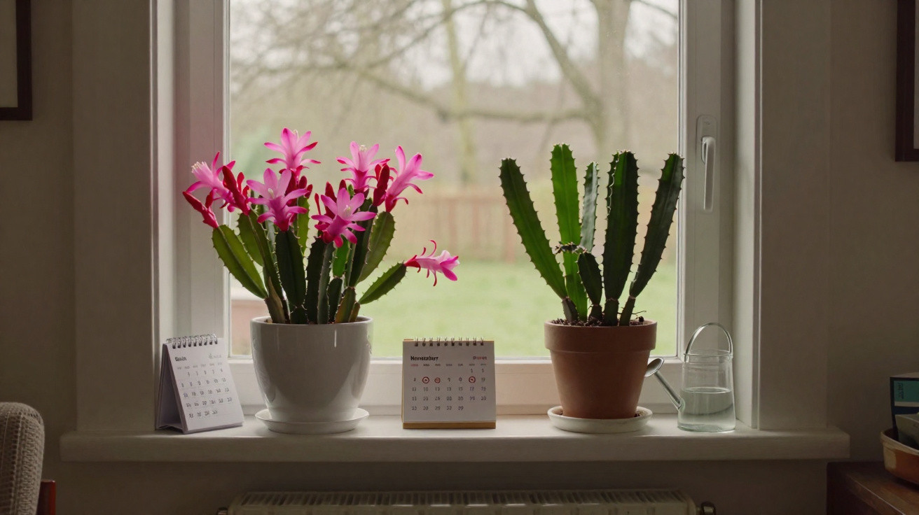 Two potted cacti and two small desk calendars on a windowsill with a green garden outside.