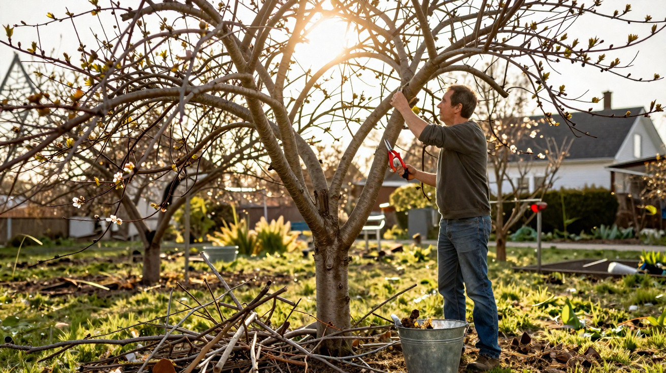 Man pruning a blossoming tree in a garden with a pile of cut branches and sunlight filtering through.