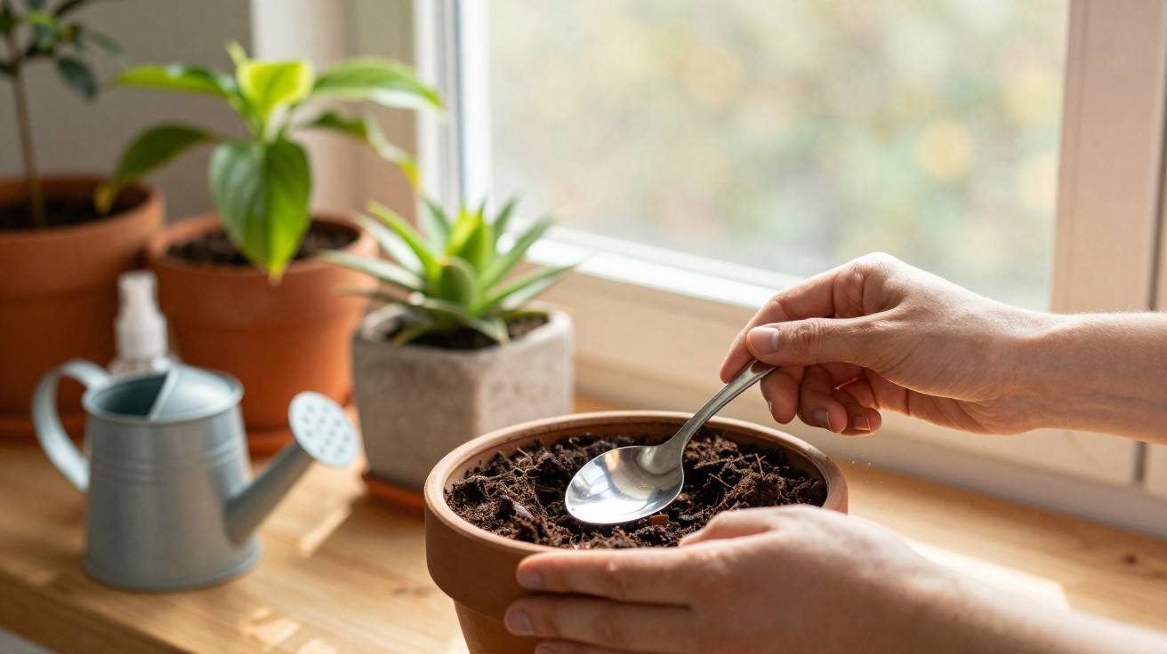 Person planting seeds in a terracotta pot indoors with houseplants and a watering can nearby by a window.