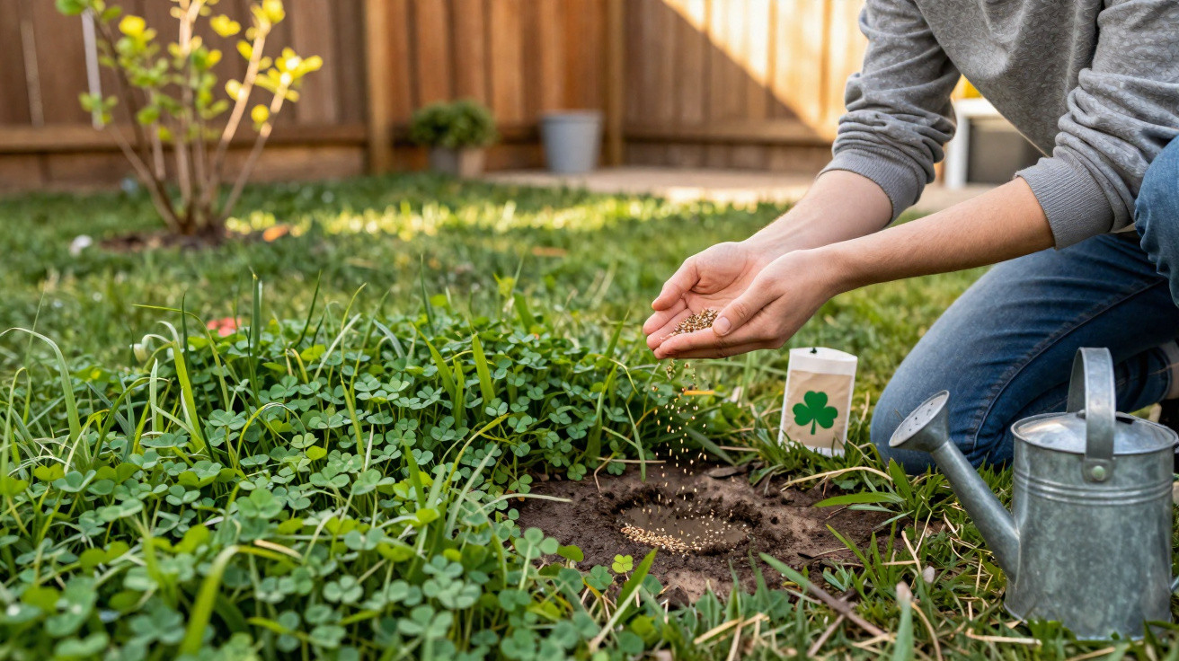Person sowing clover seeds into prepared soil in a garden with a watering can nearby.