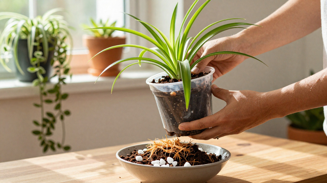 Hands transplanting a green spider plant from a plastic pot into a bowl with soil and fertilizer on a wooden table.