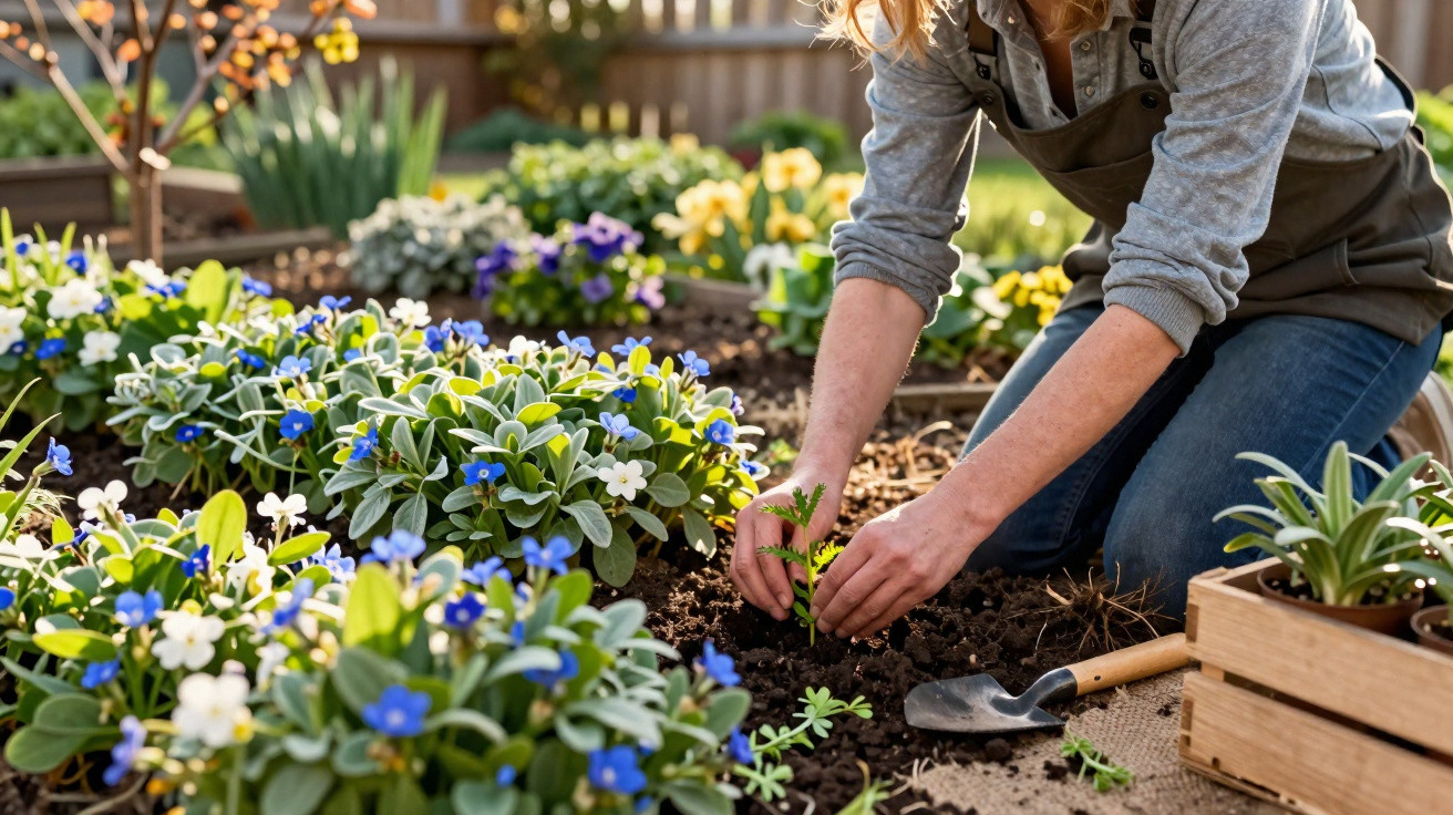 Person planting a small green seedling in soil surrounded by blue and white flowering plants in a garden.