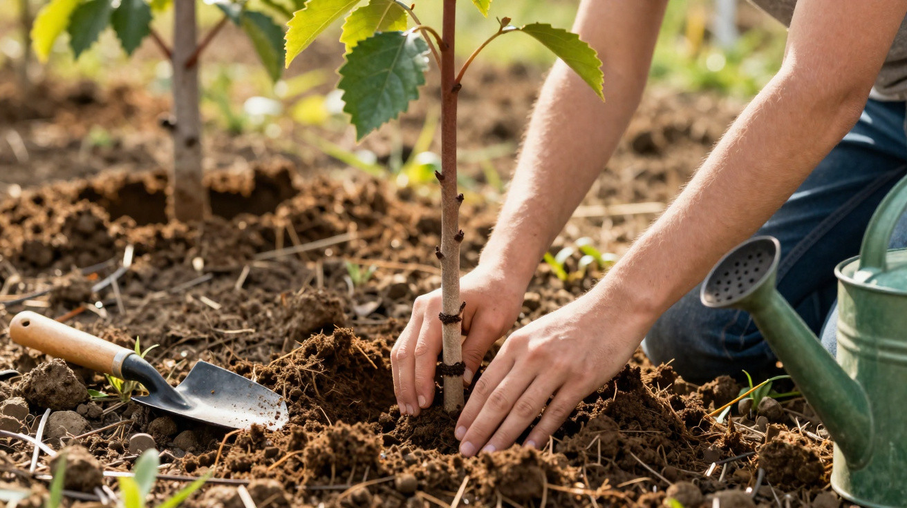 Person planting a young tree seedling in soil with a watering can and small trowel nearby.