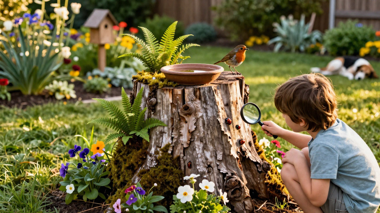 A young boy examines a tree stump with a magnifying glass while a robin perches on top in a colourful garden.