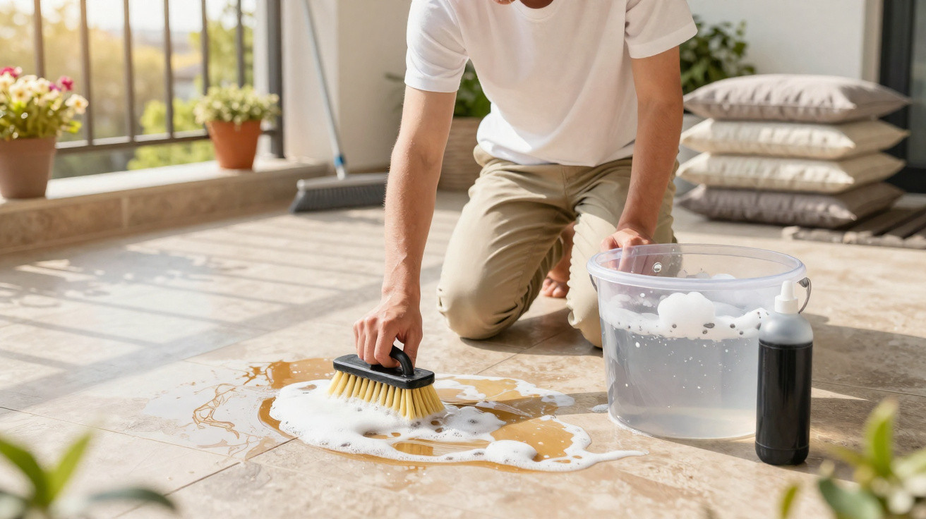 Person scrubbing a soapy brown stain on a tiled floor with a brush and bucket of water nearby.