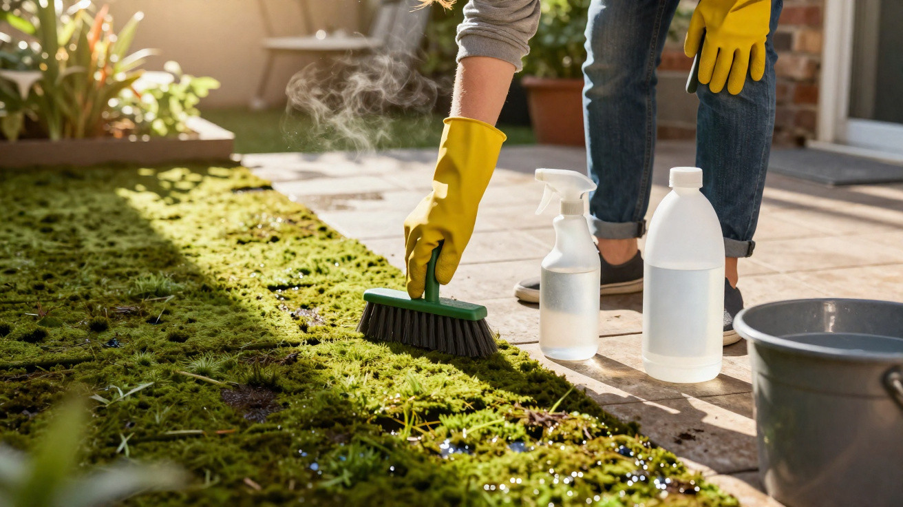 Person wearing yellow gloves scrubbing green moss on pavement with brush beside spray bottles and bucket.