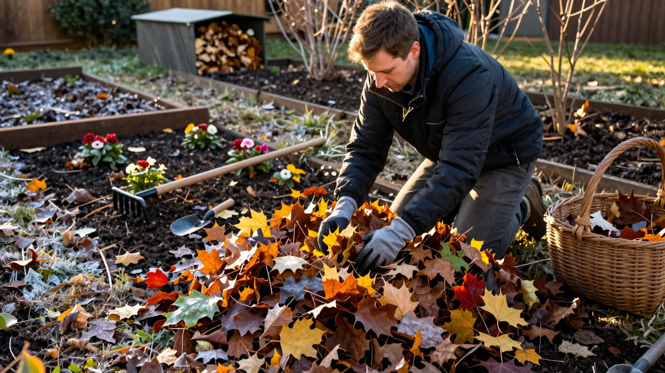 Man wearing gloves collecting autumn leaves in a garden bed with gardening tools and basket nearby.