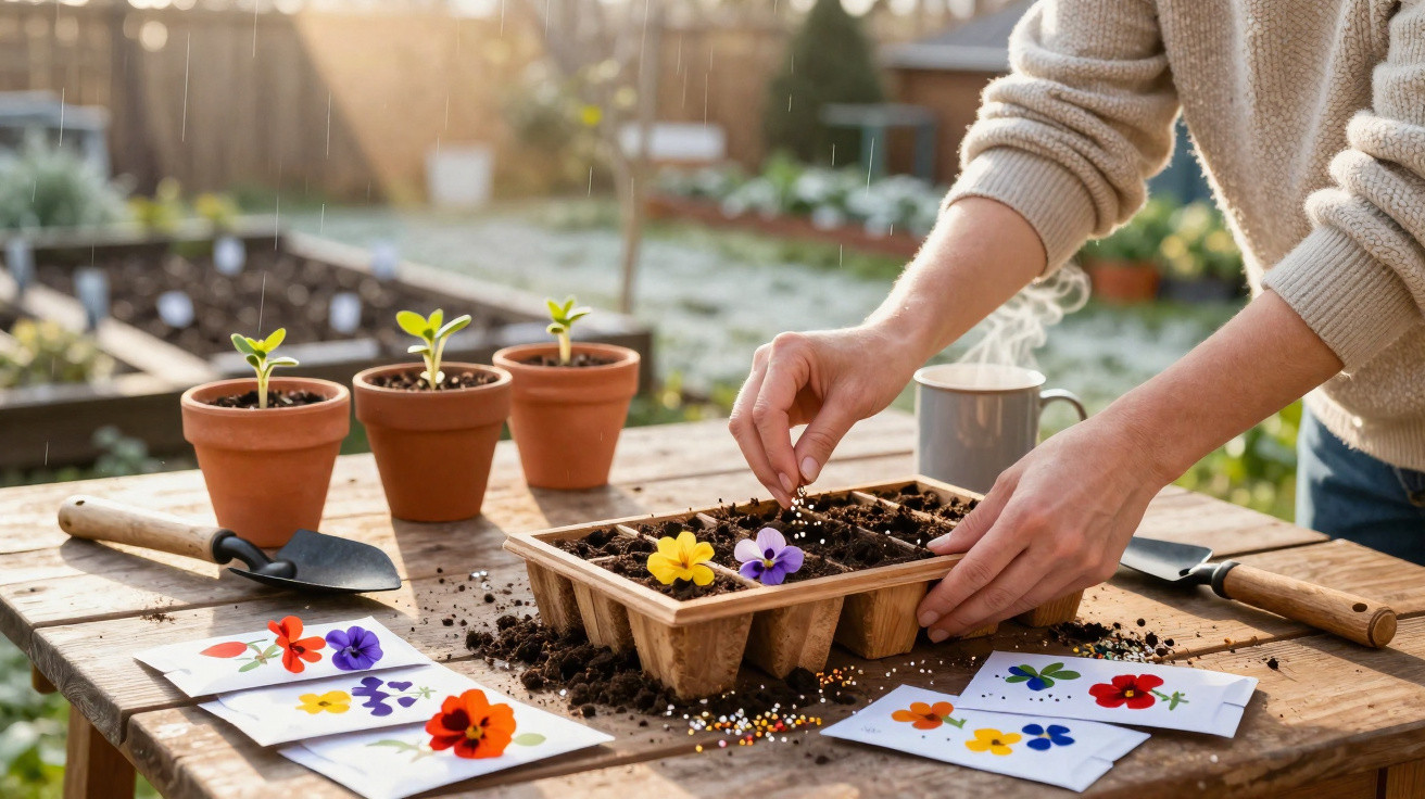 Person planting seeds in seed tray on garden table with small pots, gardening tools, and seed packets nearby.