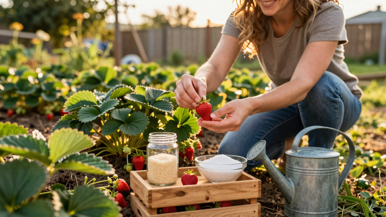Woman picking a ripe red strawberry in a garden with a watering can and containers of sugar nearby.