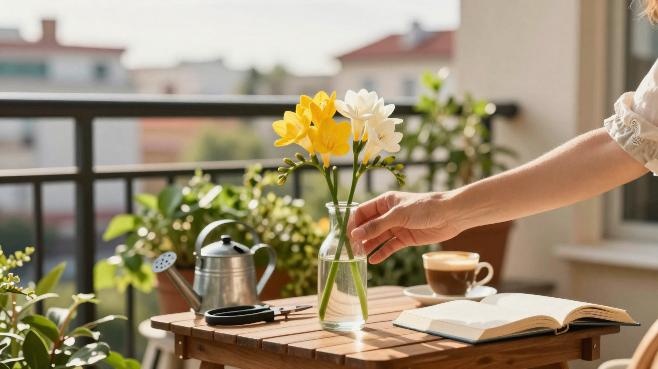 Hand arranging yellow and white flowers in a glass vase on a wooden table with coffee and an open book outdoors.