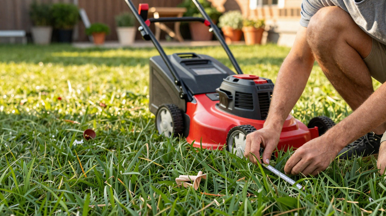 Person kneeling on grass measuring height of lawn with a tape measure next to a red lawnmower.