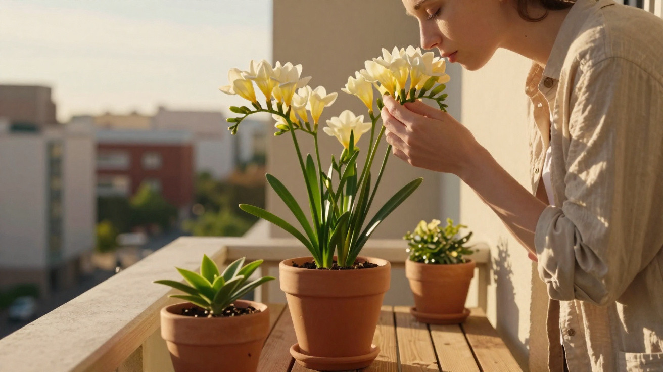 Woman smelling yellow flowers on a balcony with three terracotta pots on a wooden table in sunlight.