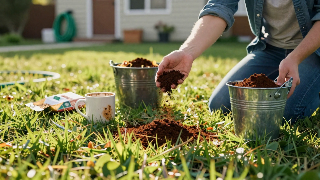 Person kneeling on grass, holding soil over a pile with two metal buckets and a coffee mug nearby.
