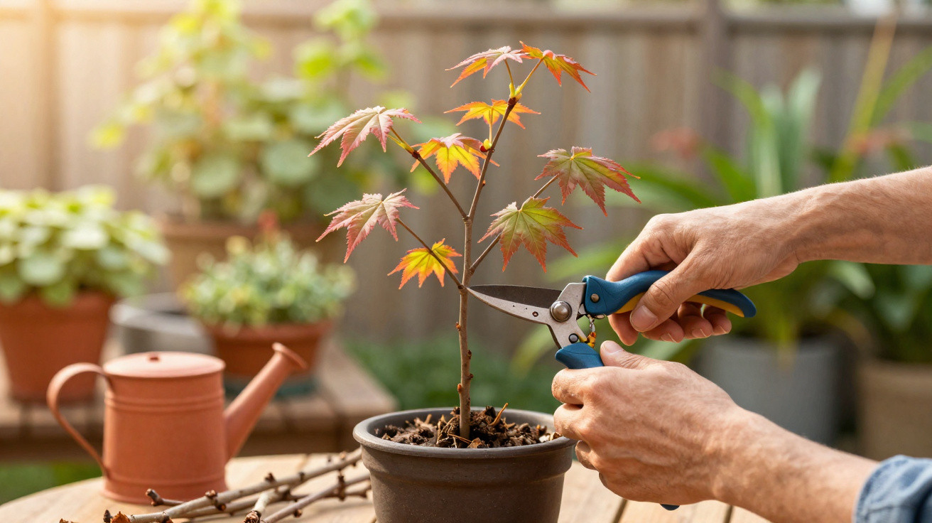 Person pruning a small maple tree in a pot with gardening shears on a wooden table outdoors.
