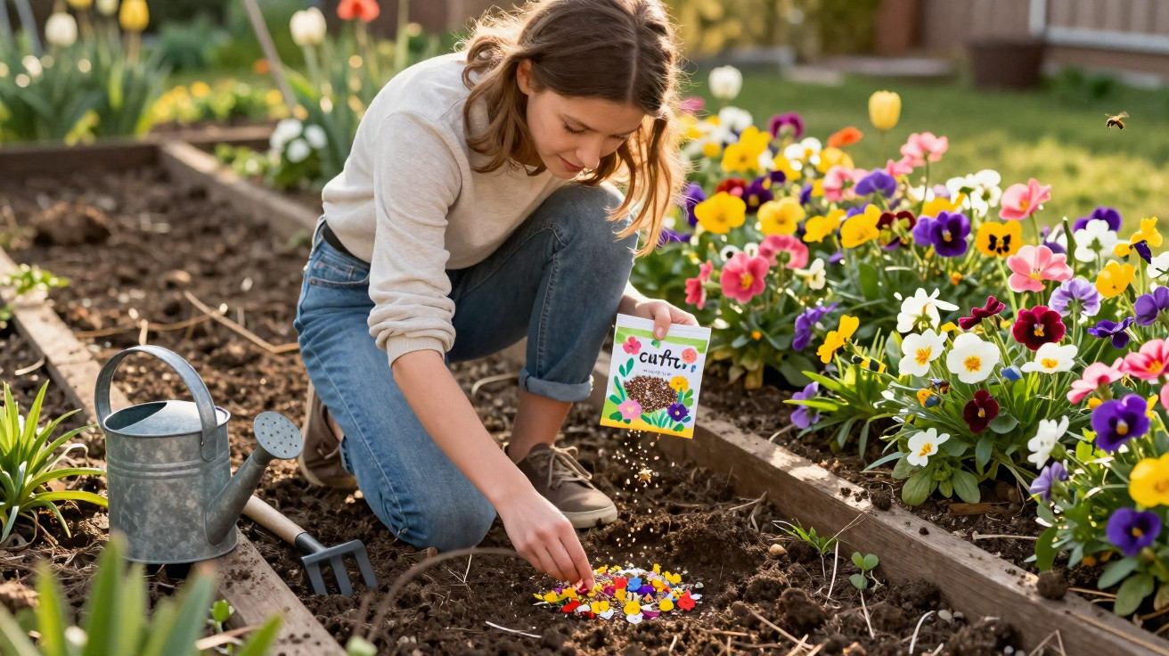 Girl planting colourful flower seeds in a garden bed beside blooming pansies and a watering can