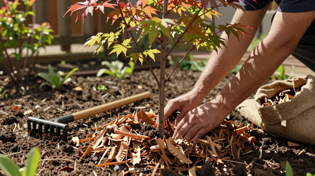 Person mulching soil around a young tree in a garden on a sunny day.