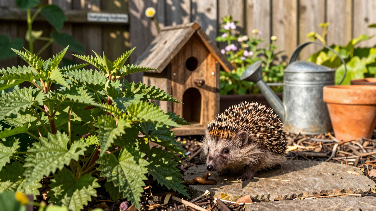 Hedgehog on garden path near large leafy plant, wooden birdhouse, watering can, and terracotta pot.