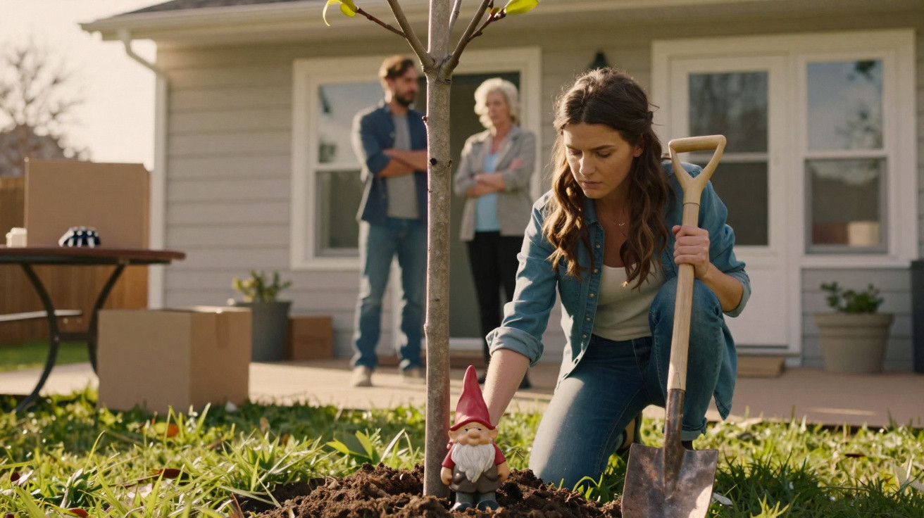 Young woman planting a garden gnome beside a newly planted tree in a backyard with a man and older woman standing in the back