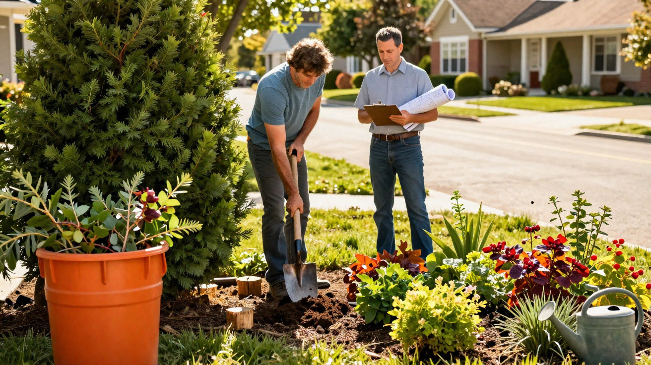 Two men planting flowers in a garden with one digging and the other holding a clipboard and blueprints.