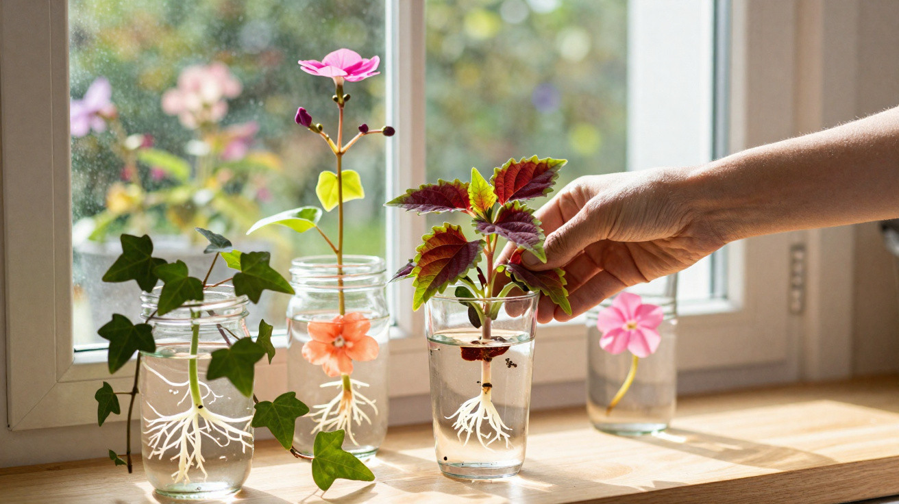 Hand arranging coleus plant cuttings growing roots in clear jars on a sunny windowsill with flowers.