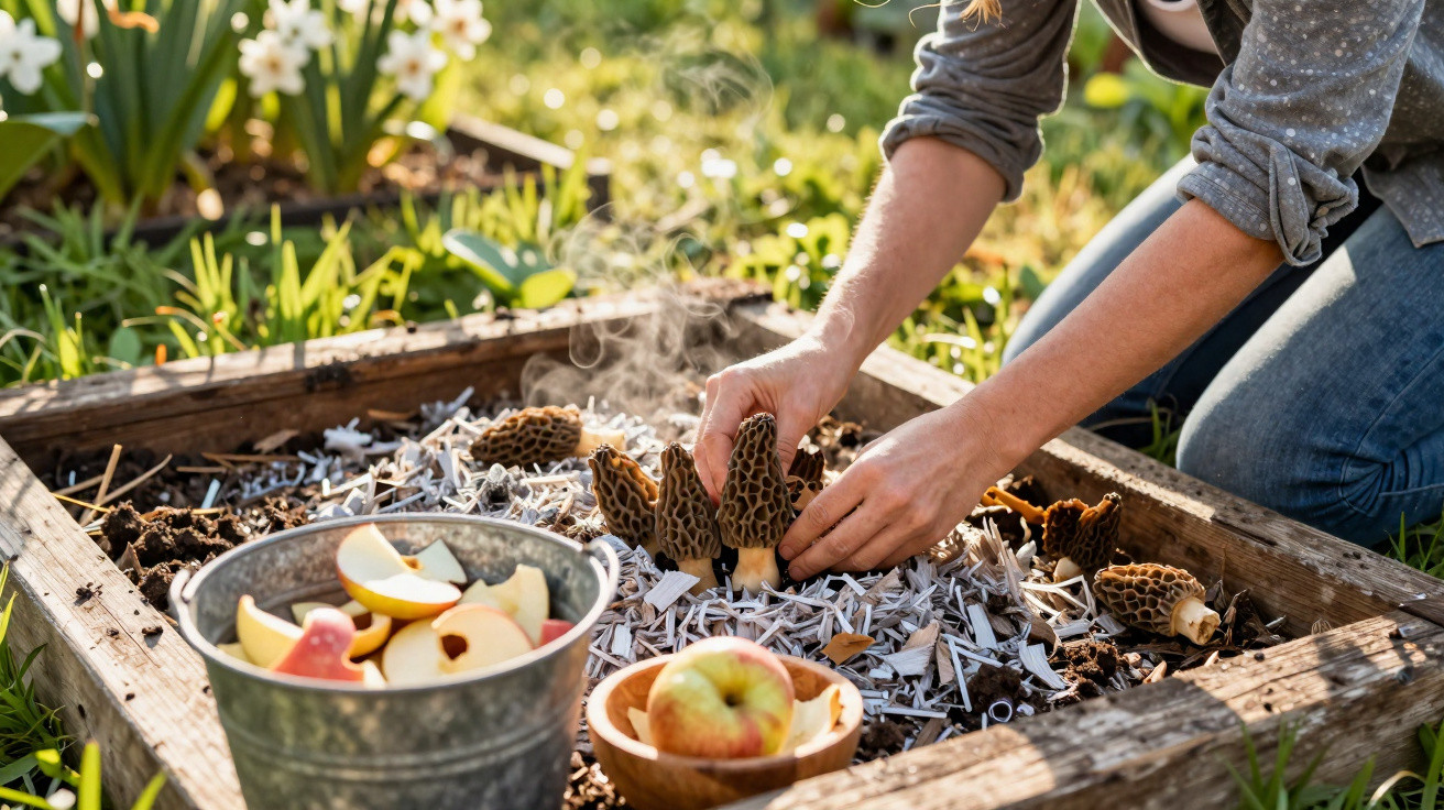 Person harvesting steaming morel mushrooms from a raised garden bed with apples in bowls nearby.
