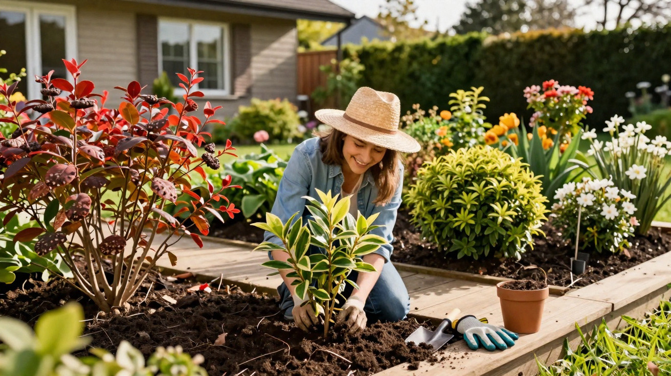 Woman wearing hat planting a small shrub in a garden surrounded by colourful flowers on a sunny day.