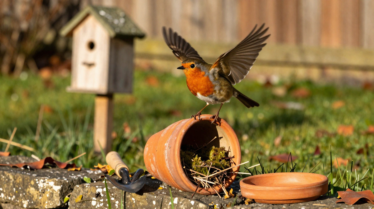 European robin with wings spread perched on a tipped flower pot with birdhouse and gardening tools nearby.