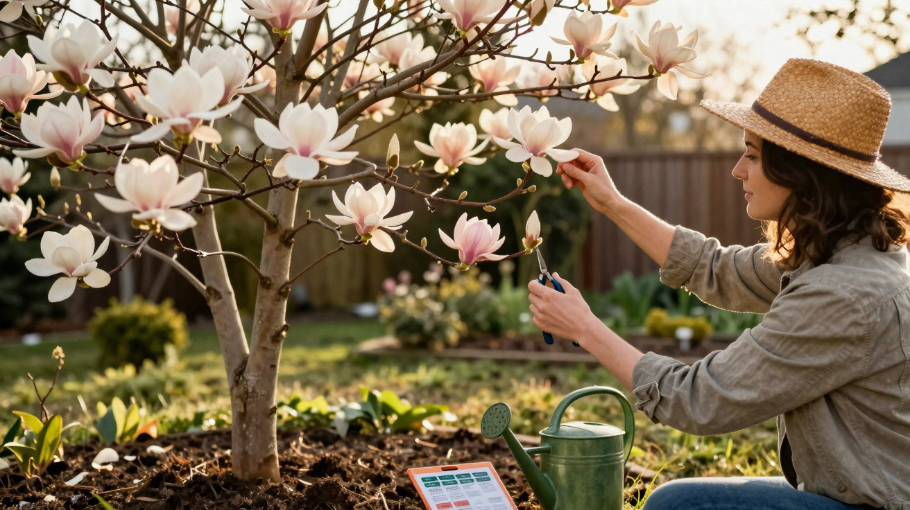 Woman wearing a straw hat pruning magnolia tree blossoms in a garden during golden hour sunlight.
