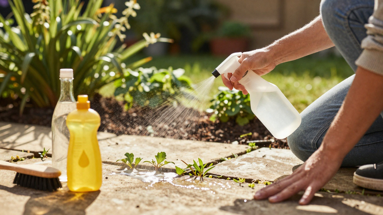 Person spraying weed killer from a bottle onto plants growing between stone patio slabs in a garden.