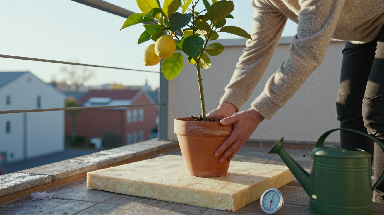 Person placing a lemon tree in a terracotta pot on a balcony with a green watering can nearby.