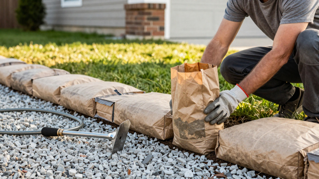 Person gardening near a gravel path with bags of soil or mulch and a hand tool on the ground.