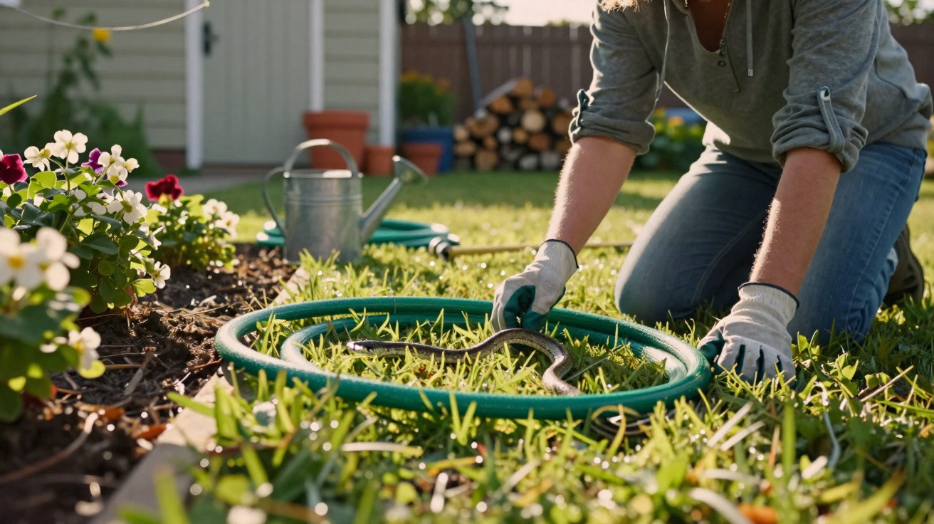 Person wearing gloves handling a small snake inside a garden hose ring on grass near flowers and watering can.