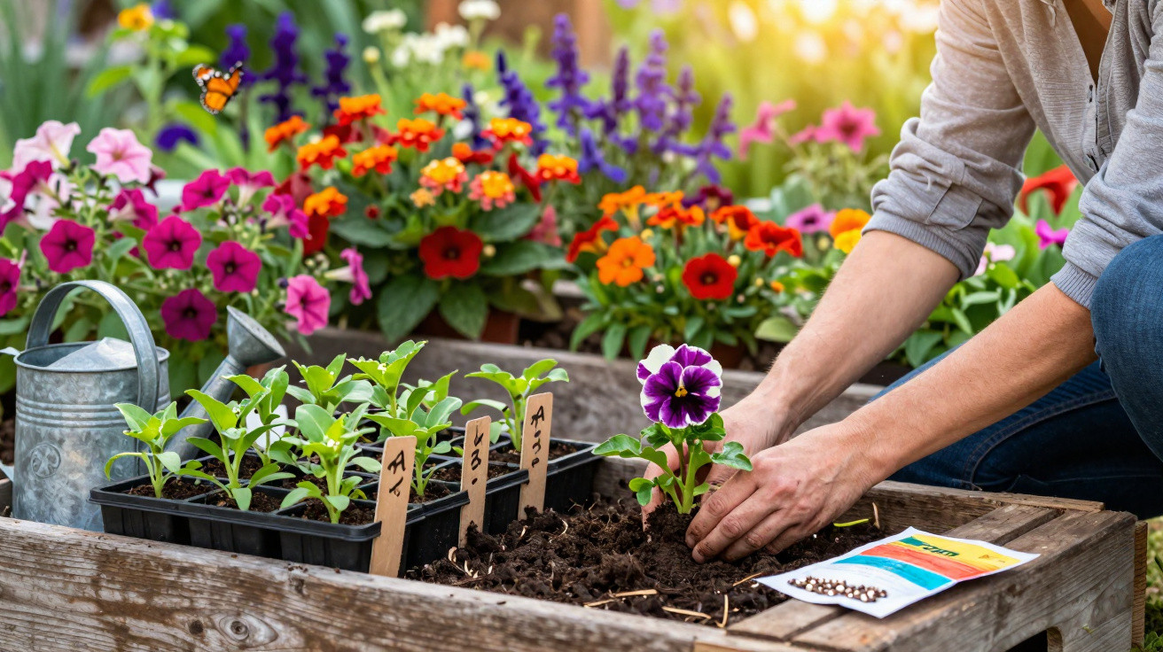 Person planting a purple pansy in a raised garden bed surrounded by colourful flowers and seed trays.