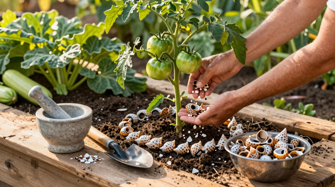 Hands sprinkling crushed seashells around a green tomato plant in a wooden raised garden bed.